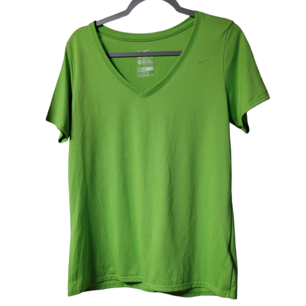 Nike Tee Dri-Fit Athletic Cut Neon Green Women's Short Sleeve V-Neck Tshirt, XL